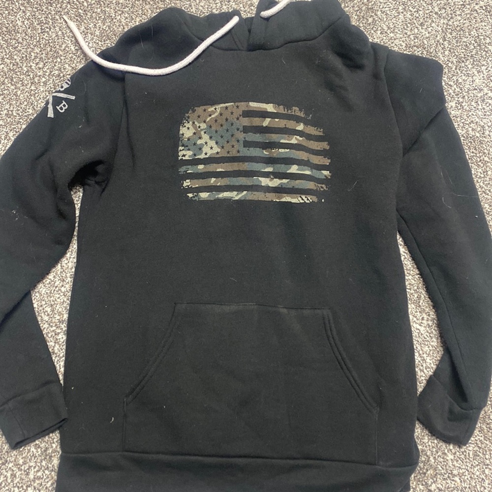 Hooded warm sweatshirt. Red white and blue online store.